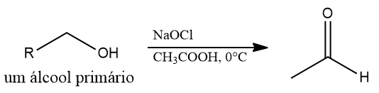 Reação de neutralização de ácido acético com hipoclorito de sódio para obtenção de aldeído.