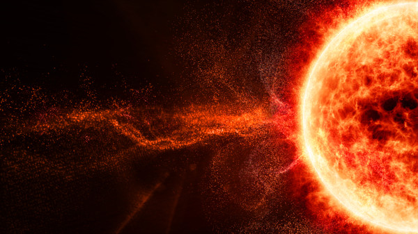 Tempestade solar ocorrendo no espaço.