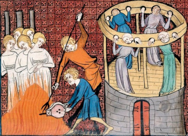 Representação de mulheres sendo queimadas e torturadas pelo Tribunal da Inquisição, que foi reativado no Concílio de Trento.