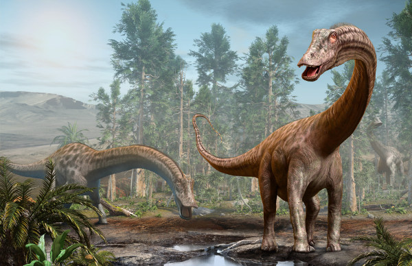 Representação gráfica de dinossauros, animais que foram extintos durante o Período Cretáceo, na Era Mesozoica.