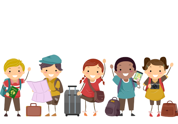 Ilustração de várias crianças prontas para viajar.