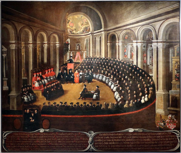 Pintura do século XVII representando membros do clero em uma sessão do Concílio de Trento.