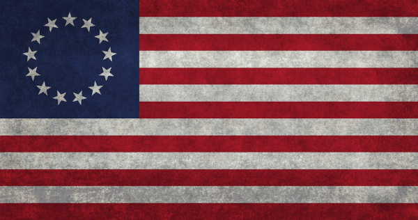 Bandeira dos Estados Unidos, de 1777, com 13 estrelas e 13 listras, em alusão às Treze Colônias.
