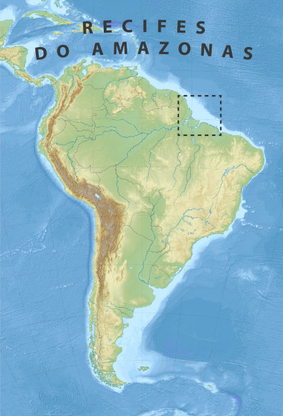 Mapa da América do Sul mostrando a região onde se encontram os recifes do Amazonas.
