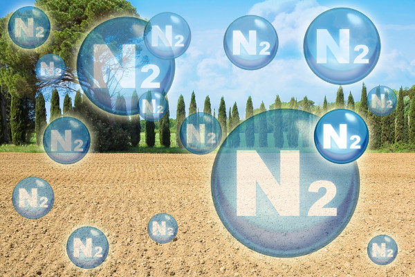 Ilustração representando a ideia de que o nitrogênio, sob a forma de N2, está presente principalmente no ar atmosférico.
