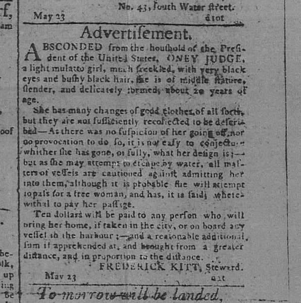 Página do Gazeta da Pensilvânia de 23 de maio de 1796 noticiando a fuga de Ona Judge, uma das mulheres negras inspiradoras.