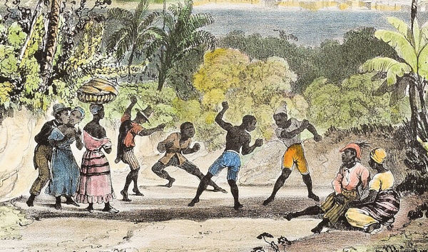 Recorte da pintura “San Salvador”, de Rugendas, mostrando pessoas se divertindo em um quilombo.
