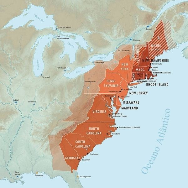 Mapa das Treze Colônias.