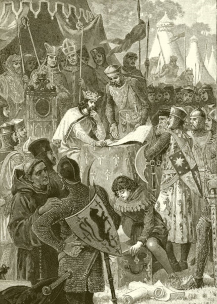Ilustração do rei João Sem Terra assinando a Carta Magna em 1215, na Inglaterra.