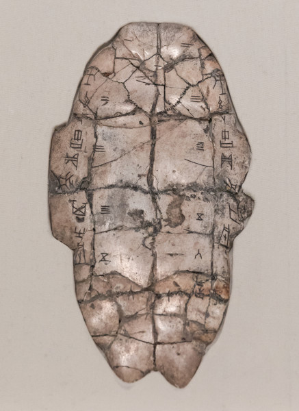 Oráculo de casco de tartaruga da Dinastia Shang, exemplo da escrita chinesa antiga, parte importante da história da escrita.