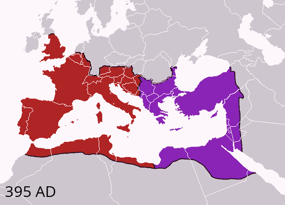 Mapa do Império Romano do Ocidente e do Oriente, em 395 d.C., em texto sobre a Igreja Ortodoxa.