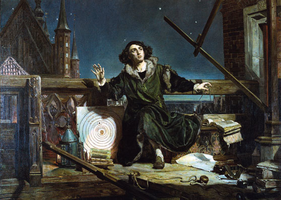 Nicolau Copérnico, grande nome da Revolução Científica, contemplando o céu em pintura.