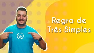 Escrito"Regra de três simples" ao lado do professor em fundo bege e amarelo.