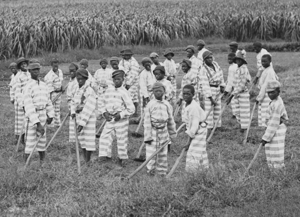 Fotografia antiga de jovens detentos em um campo de trabalho, em texto sobre marginalização.