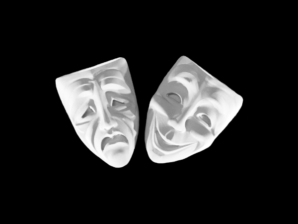 Máscaras do teatro grego em um fundo preto, uma alusão à catarse na filosofia.