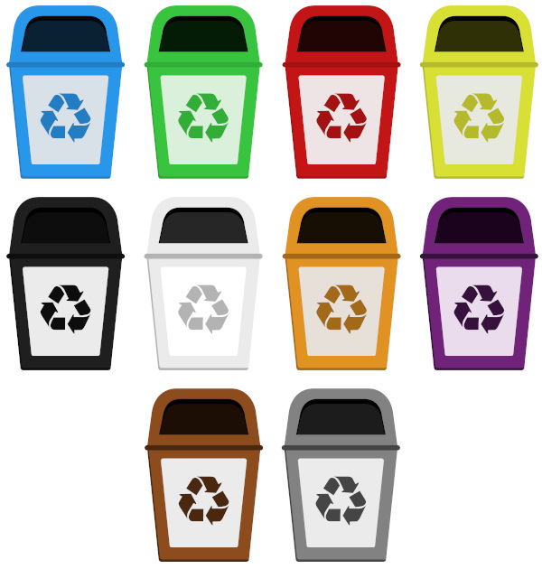  Ilustração mostrando 10 coletores de lixo com as cores da coleta seletiva.