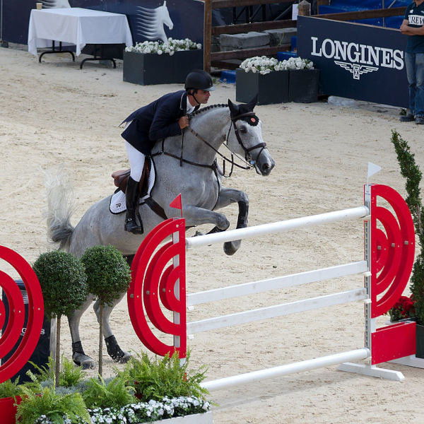 Rodrigo Pessoa em prova de hipismo durante salto em obstáculo.