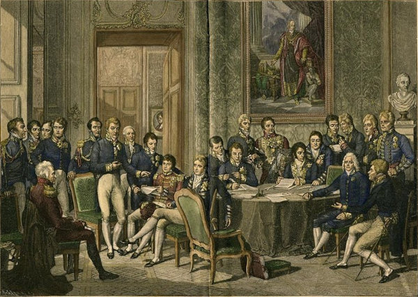 Pintura retratando os líderes europeus no Congresso de Viena, em texto sobre a Santa Aliança. 