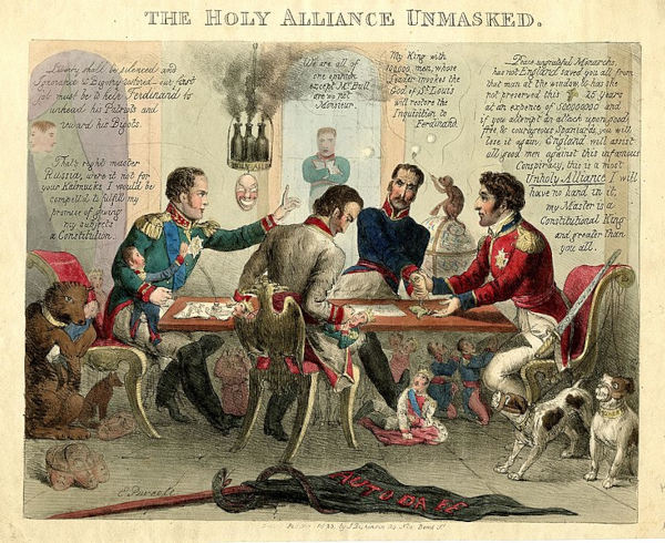 Charge de 1823, intitulada “A Santa Aliança desmascarada”, mostra os líderes europeus conspirando.