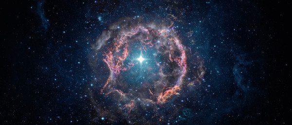 Galáxia no universo, uma alusão à teoria do Big Bang, que se iniciou por meio de uma reação química.