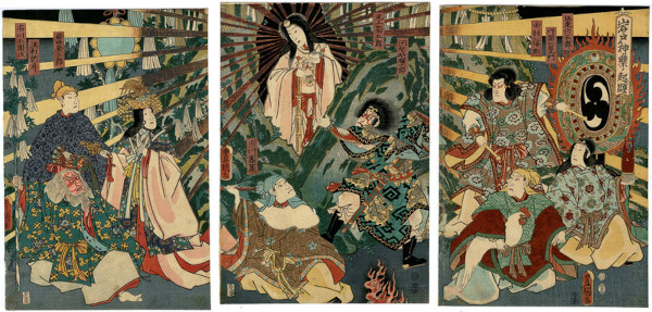 Gravuras representando Amaterasu, uma deusa do xintoísmo.