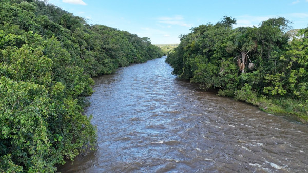 Rio com uma vasta mata ciliar, uma alusão a uma das formas de combater as inundações.