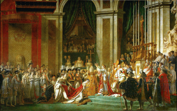 Pintura retratando a coroação de Napoleão, em texto sobre Guerras Napoleônicas.