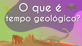 Título "O que é tempo geológico" escrito sobre fundo do período jurássico, com ilustrações de dinossauros e vulcões.