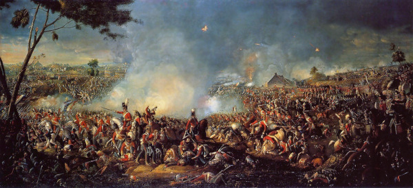 Pintura do século XIX representando a Batalha de Waterloo, o último conflito das Guerras Napoleônicas.