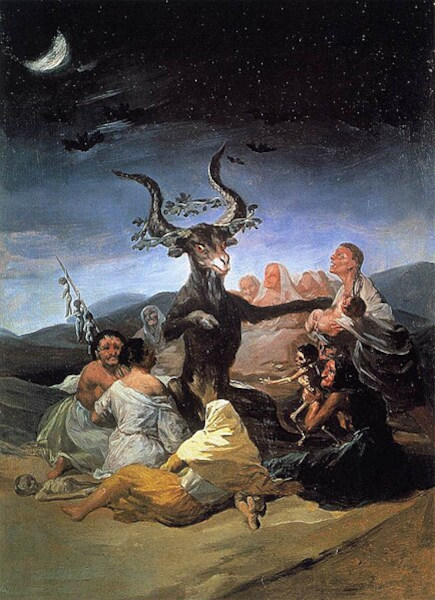 Sabbat wiccano representado em pintura do século XVIII. No centro, o Deus Cornífero.