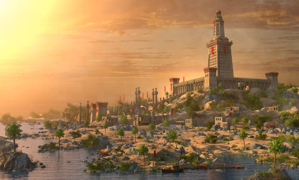 Representação artística do Farol de Alexandria, uma das 7 maravilhas do mundo antigo.