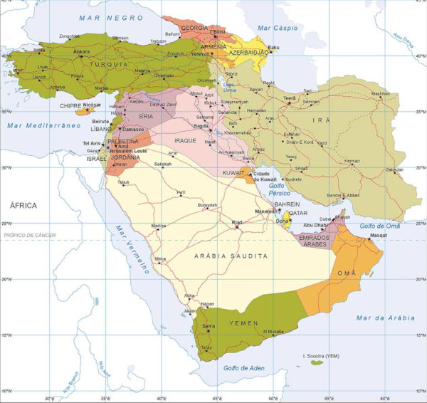 Mapa dos 15 países do Oriente Médio.