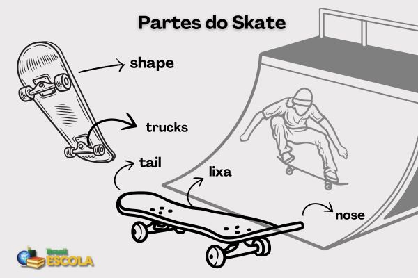 Ilustração das partes de um skate.