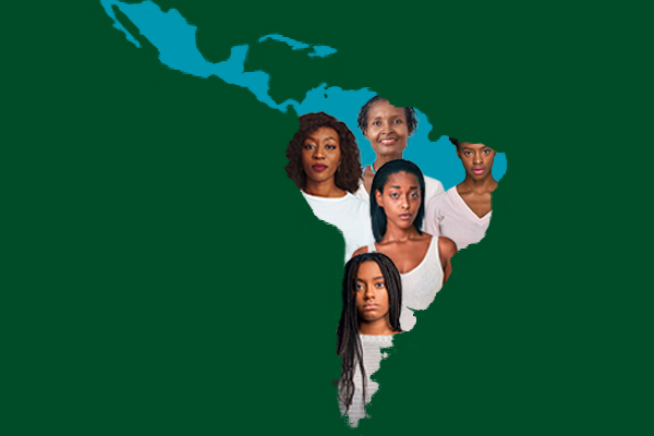 Rostos de mulherse negras sobao mapa da américa latina e do caribe