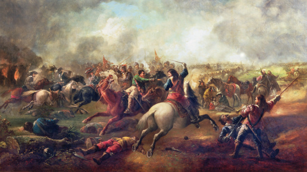 Batalha de Marston Moor, a maior da Guerra Civil Inglesa, retratada em pintura de John Barker (1811-1886).