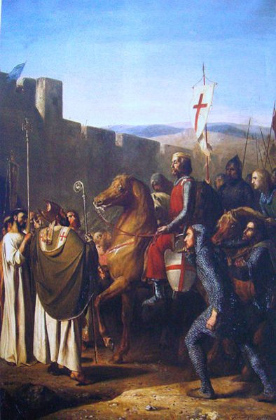Pintura retratando bispo e cavaleiros medievais em texto sobre História Geral.