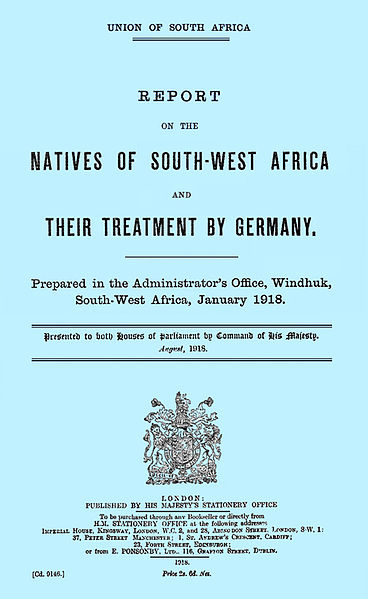 Capa do livro azul britânico (1918), cujo tema é o genocídio dos nativos do Sudoeste Africano Alemão, uma prática de eugenia.