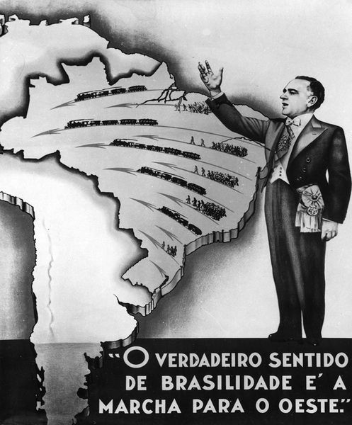 Cartaz de propaganda da marcha para o oeste no Brasil, com figura de Getúlio Vargas.