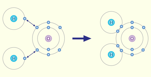 Ligações covalentes na estrutura da molécula de água.