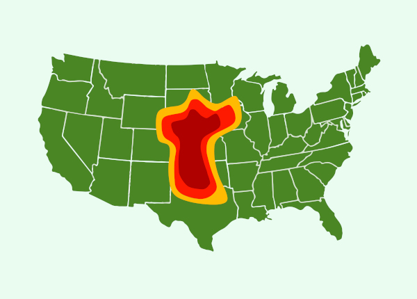 Mapa mostrando o corredor de tornados dos Estados Unidos.