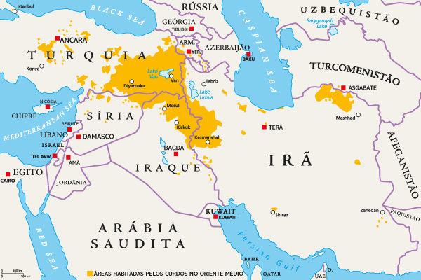 Mapa com as áreas habitadas pelos curdos no Oriente Médio.