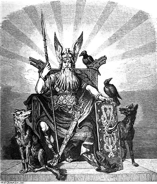 Odin, o deus supremo da mitologia nórdica, com seus dois corvos, Hugin e Munin.