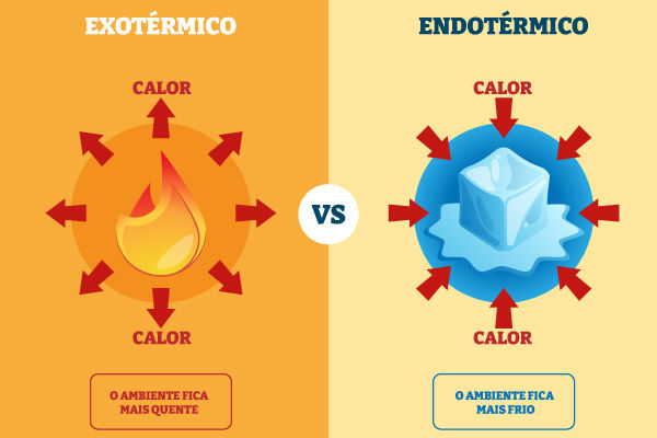 Chama e cubo de gelo em ilustração sobre reações exotérmicas e endotérmicas no ambiente.