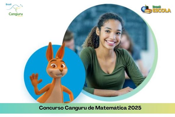 Estudante e canguru mascote das Olimpíadas Canguru de Matemática