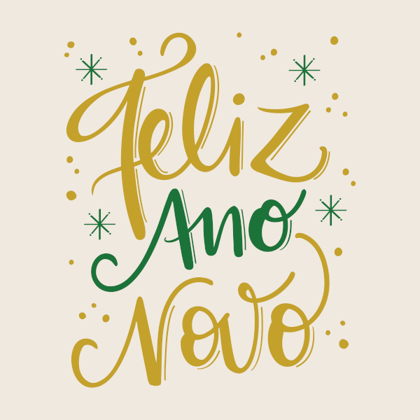 Ilustração com o escrito “feliz Ano-Novo”, felicitação característica do Ano-Novo ou Réveillon.