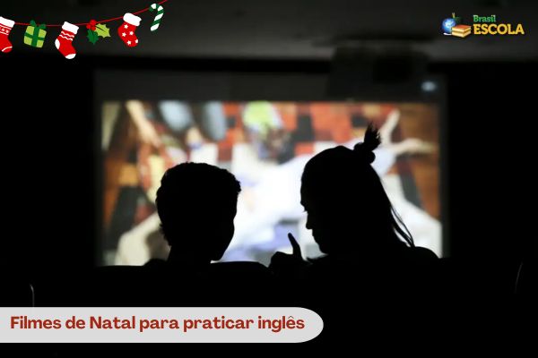 Sombra de duas pessoas assistindo a um filme, texto Filmes de Natal para assistir inglês