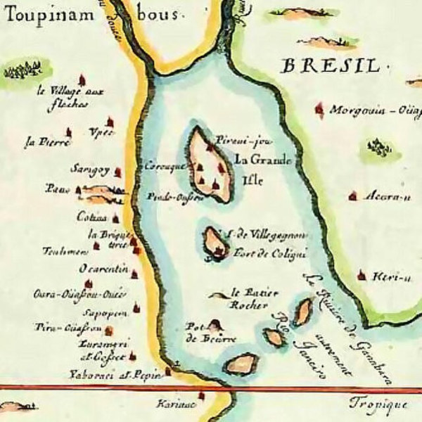 Mapa da França Antártica, a colônia francesa estabelecida na Baía do Rio de Janeiro.