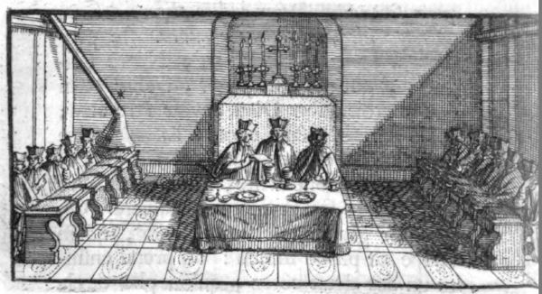 Desenho retratando um conclave.