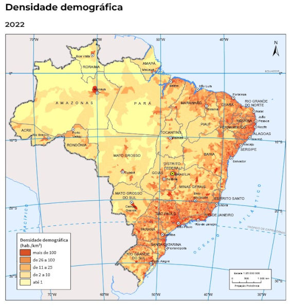 Mapa demográfico do Brasil elaborado pelo IBGE, exemplo de mapa temático, um dos tipos de mapa.