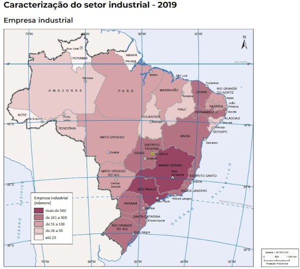Mapa econômico do Brasil elaborado pelo IBGE, exemplo de mapa temático, um dos tipos de mapa.